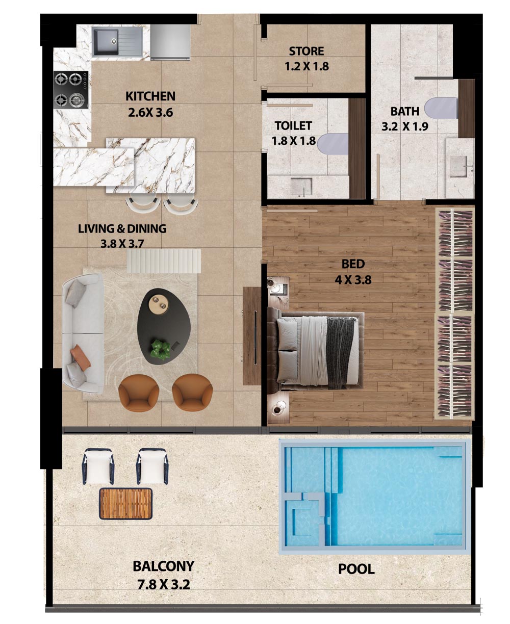 Marquis One at Arjan Apartment Layout 1 Bedroom + Pool floor plan