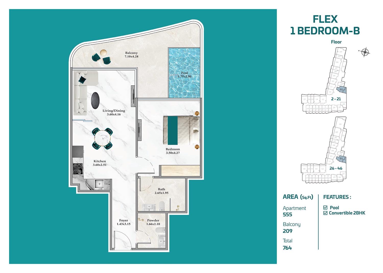 1 Bedroom + Pool floor plan