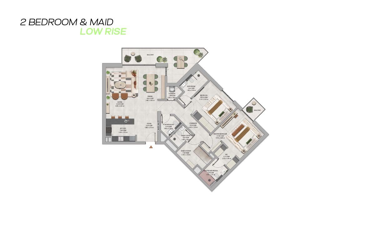2 Bedrooms + Maid floor plan