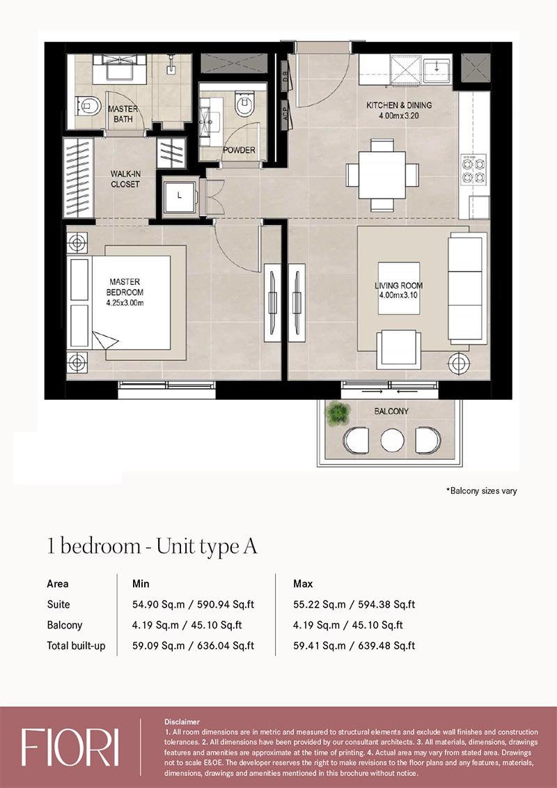 Fiori at Town Square 1 Bedroom Type A floor plan