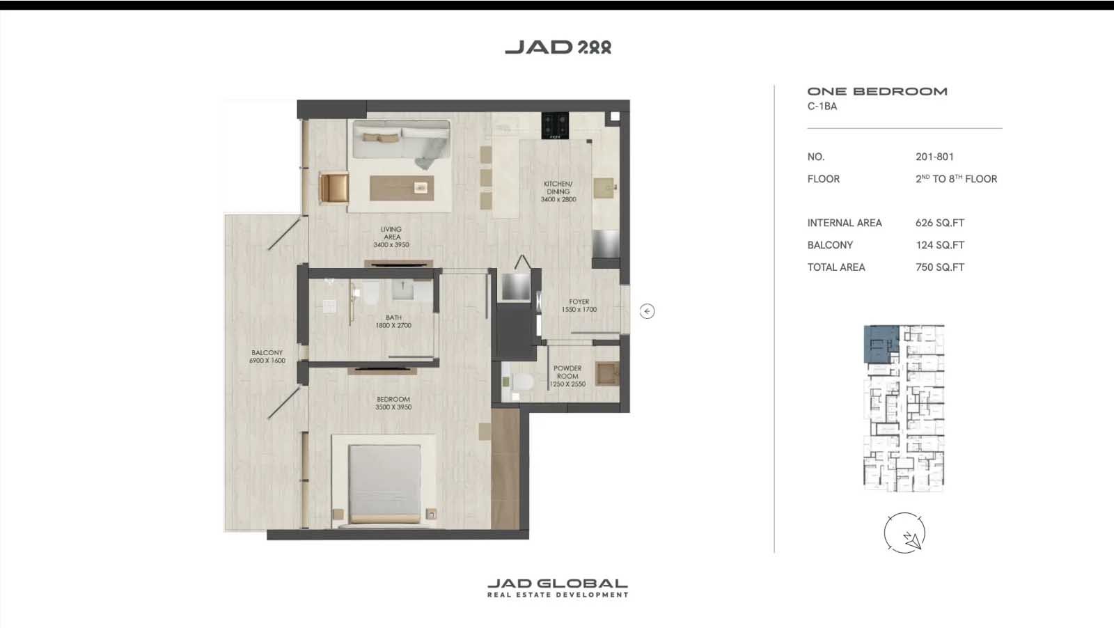Jad 288 at Al Satwa 1 Bedroom 2nd to 8th Floor (Type A-Unit 201-801) floor plan