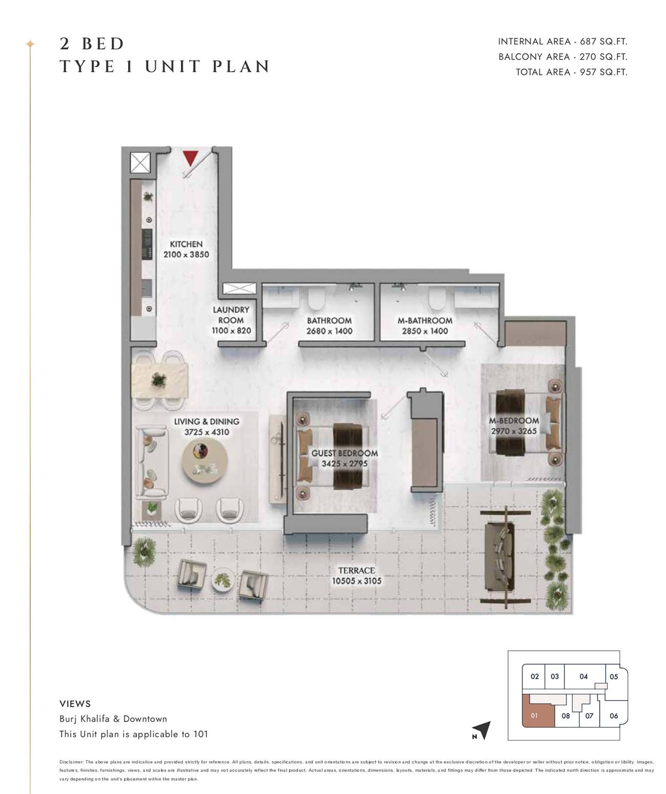 Elmora at Jumeirah Garden City 2 Bedrooms Type 1 (Unit 101) floor plan