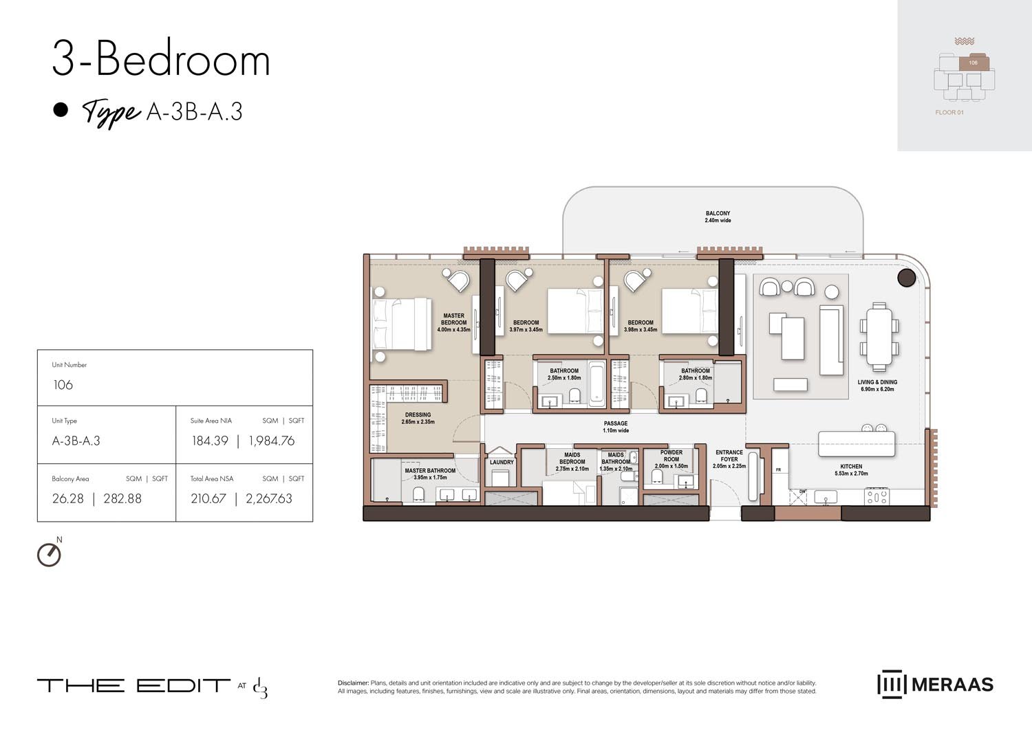 3 Bedrooms + Maid floor plan