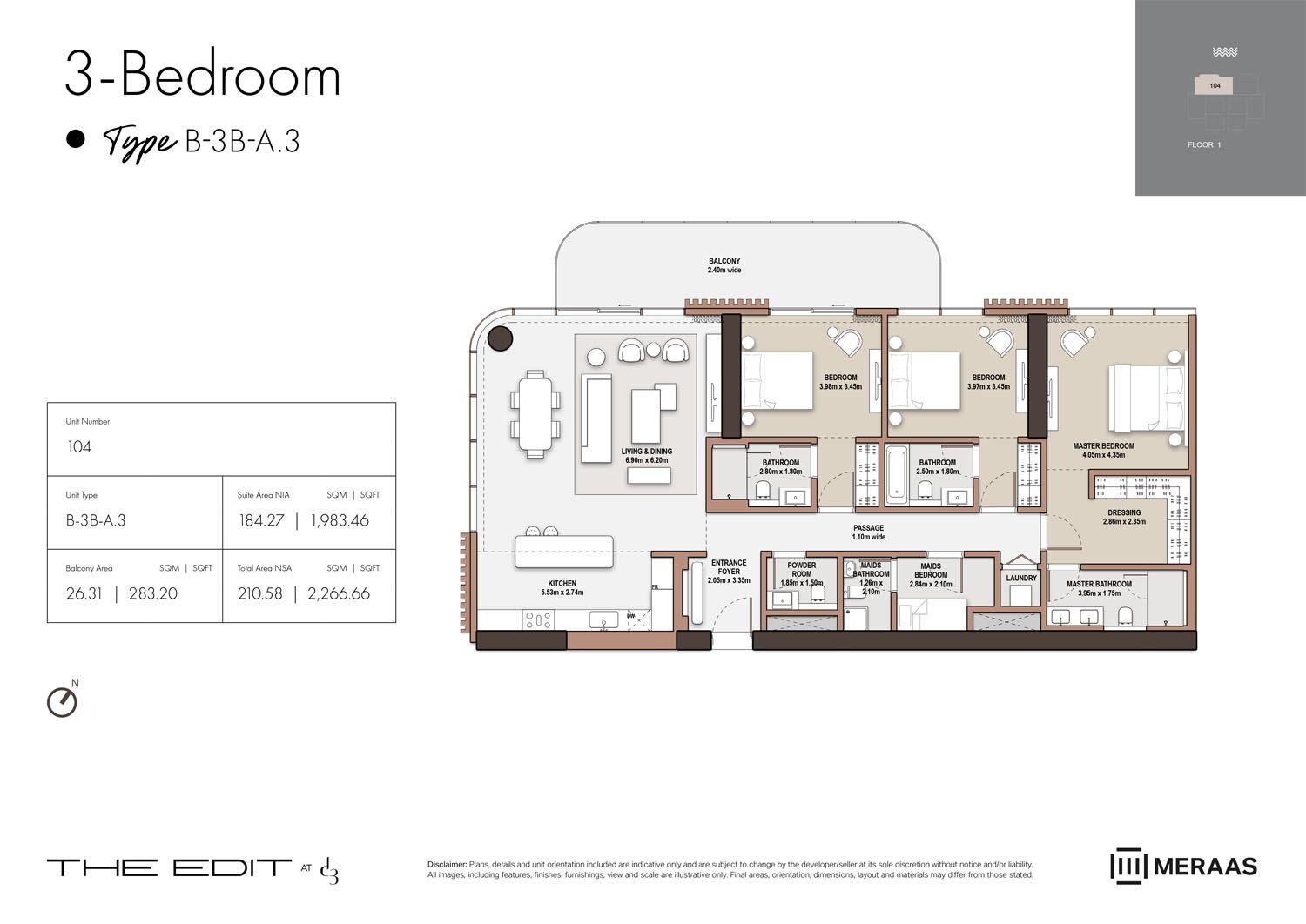 3 Bedrooms + Maid floor plan