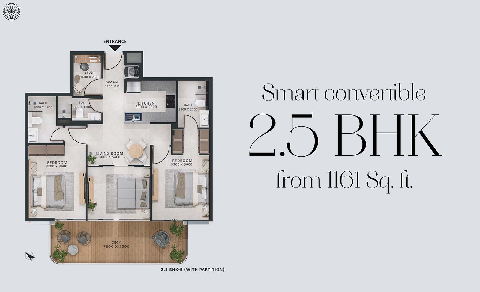 2 Bedrooms + Study floor plan