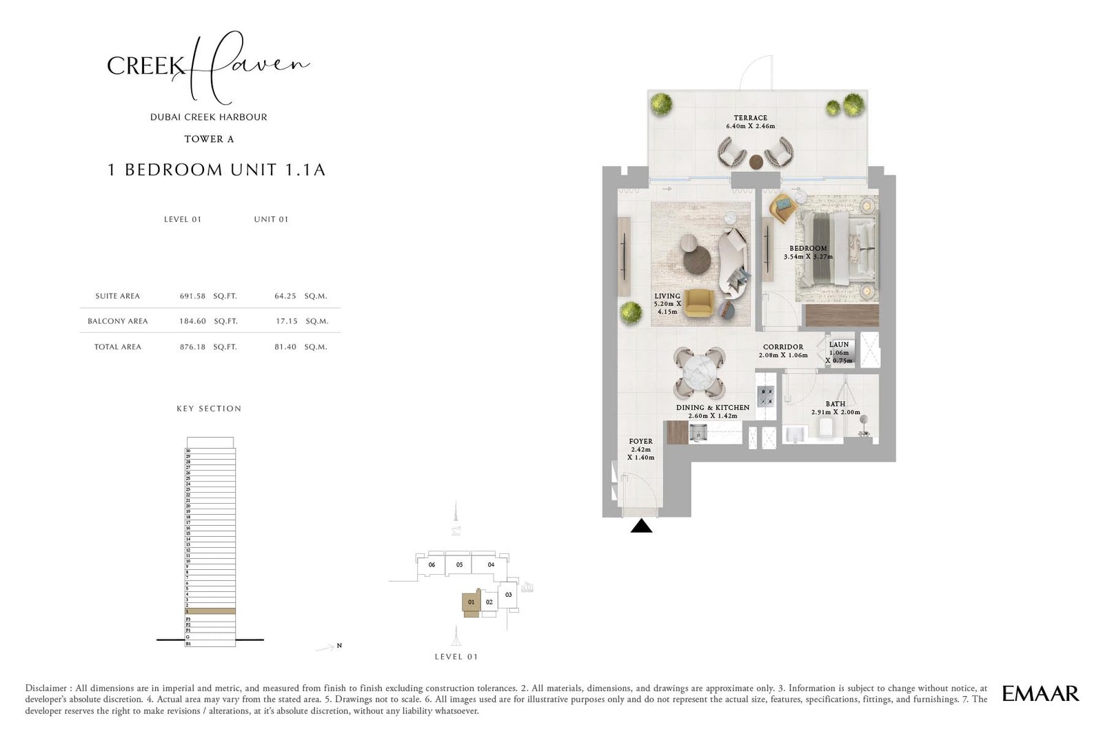Creek Haven at Dubai Creek Harbour 1 Bedroom LEVEL 01 (1.1A UNIT 01) floor plan