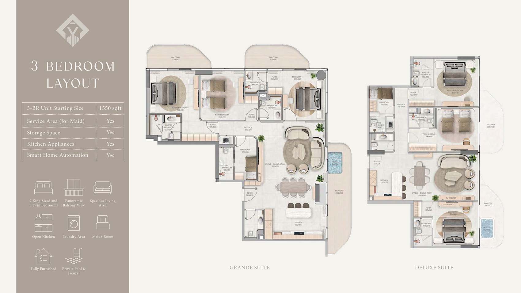 3 Bedroom + Pool + Maid floor plan