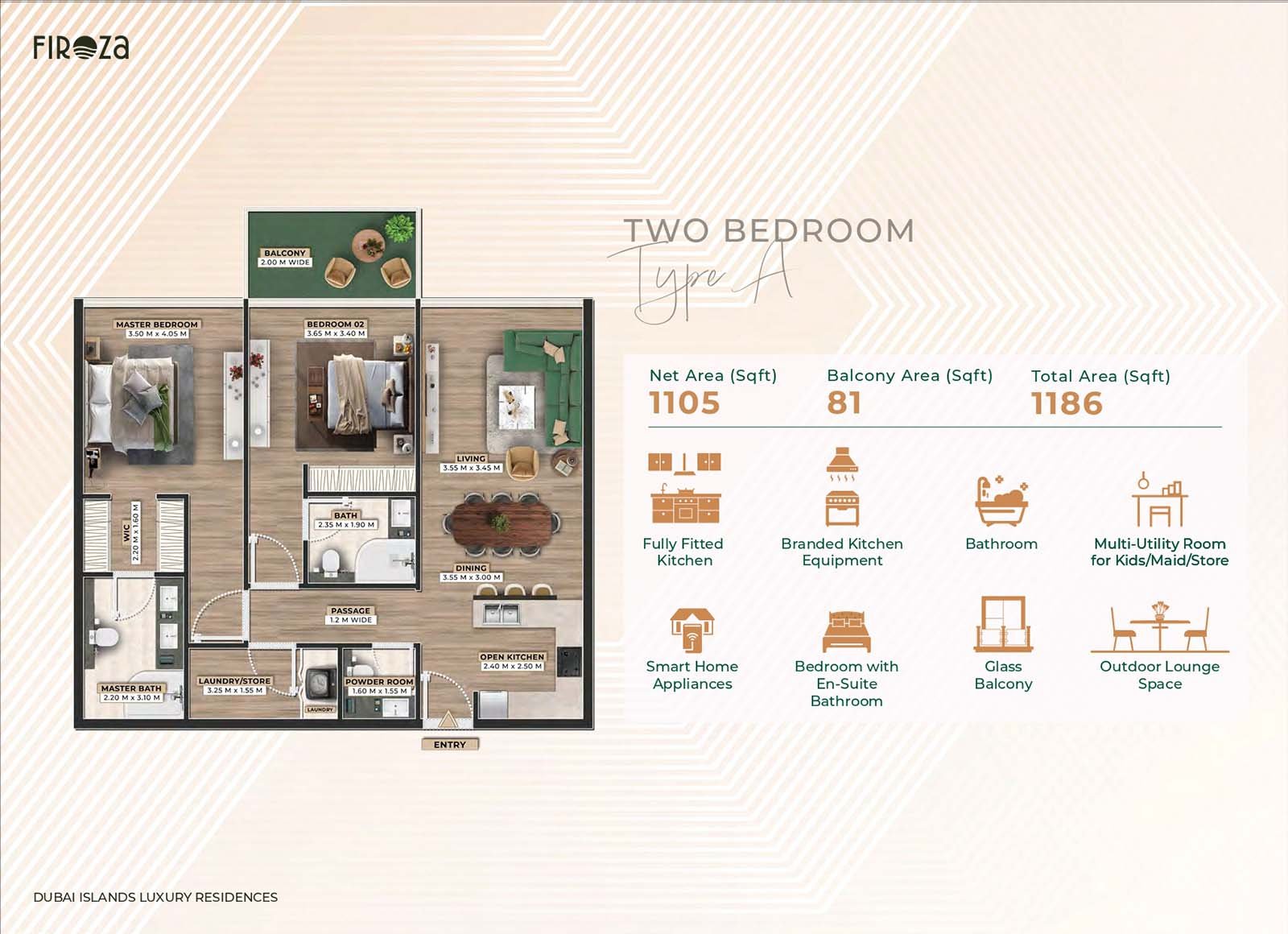 2 Bedrooms + Maid floor plan