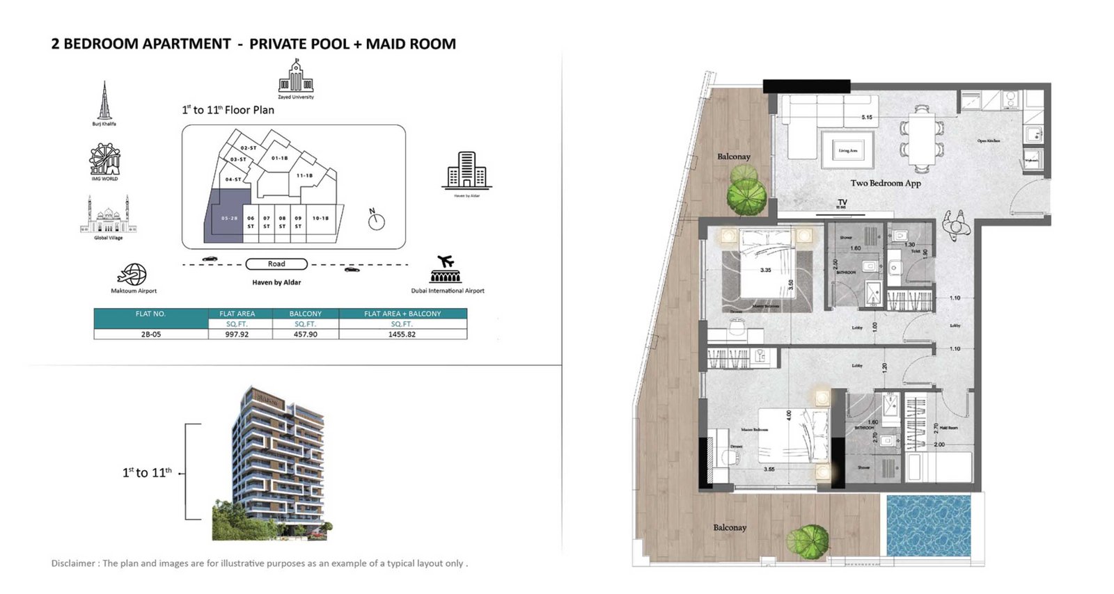 2 Bedroom + Pool + Maid floor plan