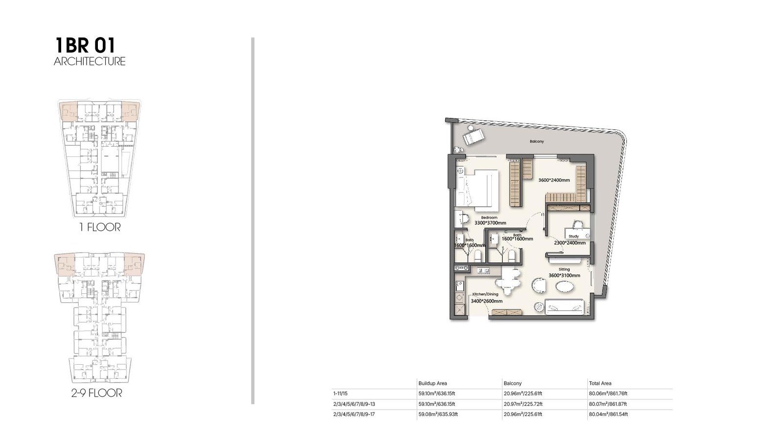 Yigo 26 Residences 1.5 Bedroom + Study Type 01 floor plan