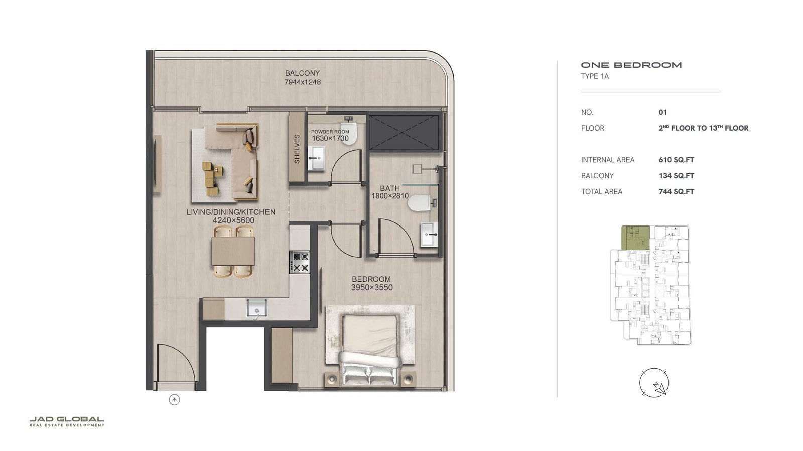 J188 at Al Jadaf 1 Bedroom Unit 01 (Type 1A) floor plan
