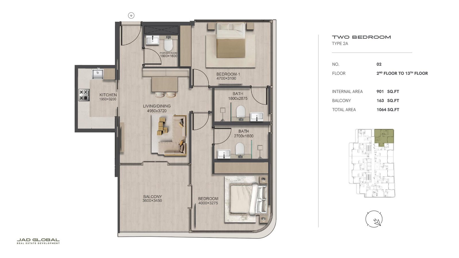 2 Bedrooms floor plan