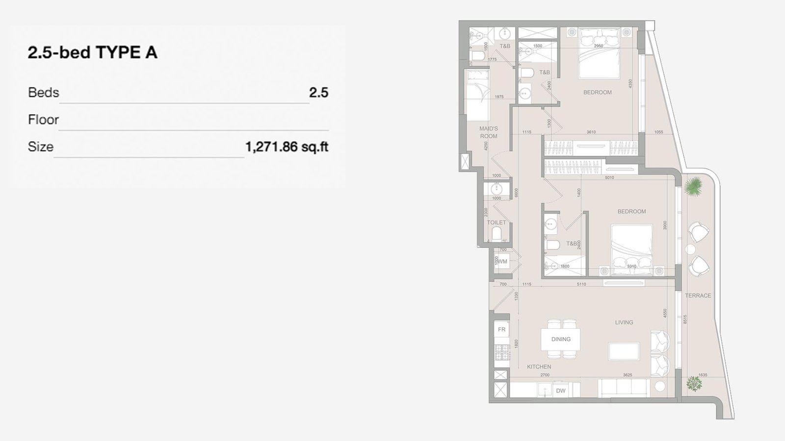 2 Bedrooms + Maid floor plan