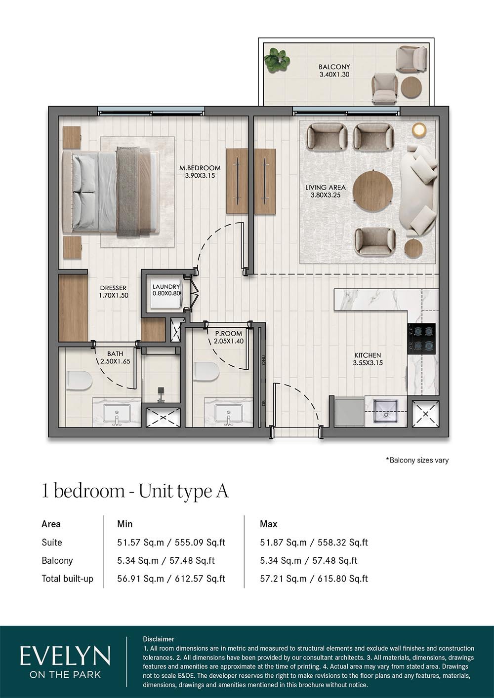 Evelyn on The Park 1 Bedroom Type A floor plan