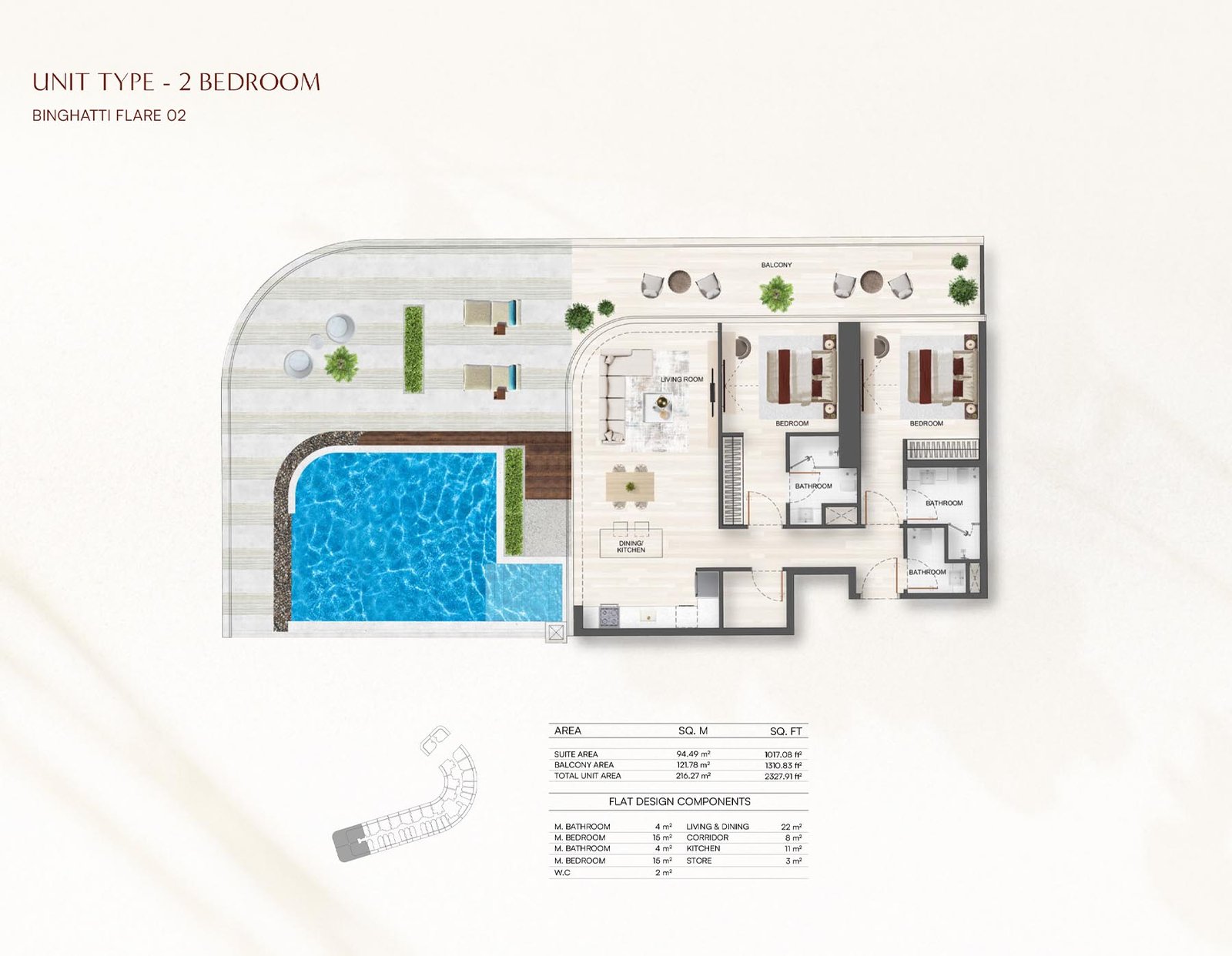 2 Bedroom + Pool floor plan