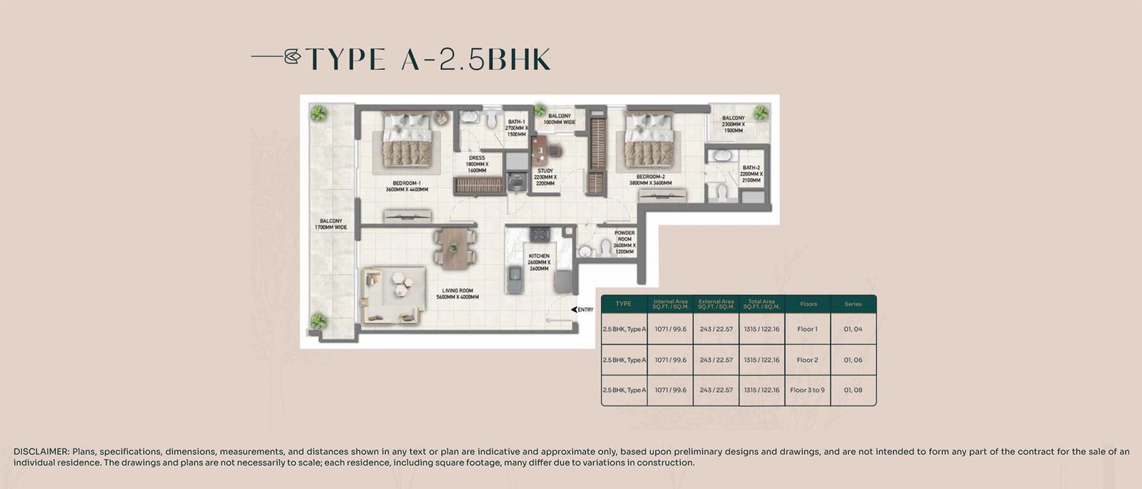 2 Bedrooms + Study floor plan