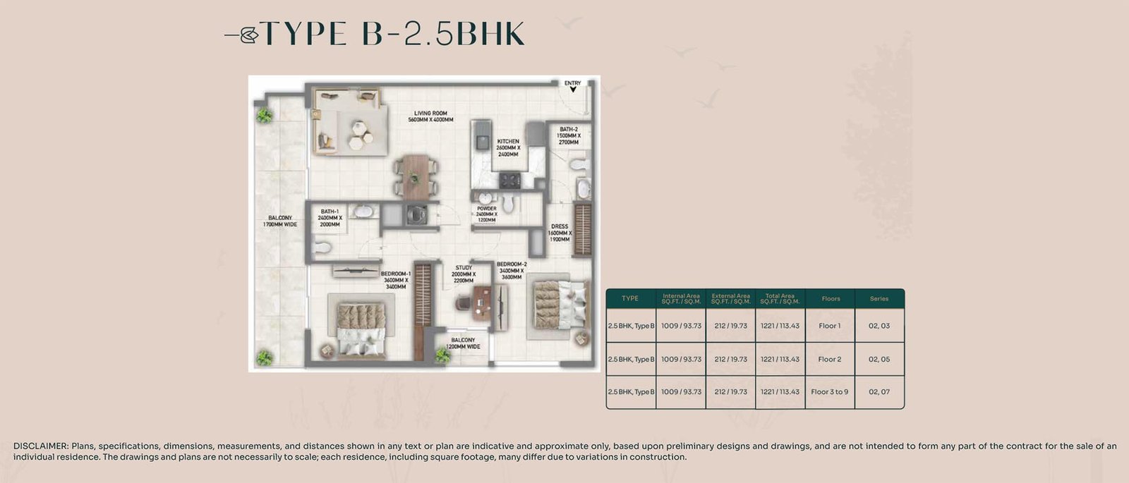 2 Bedrooms + Study floor plan