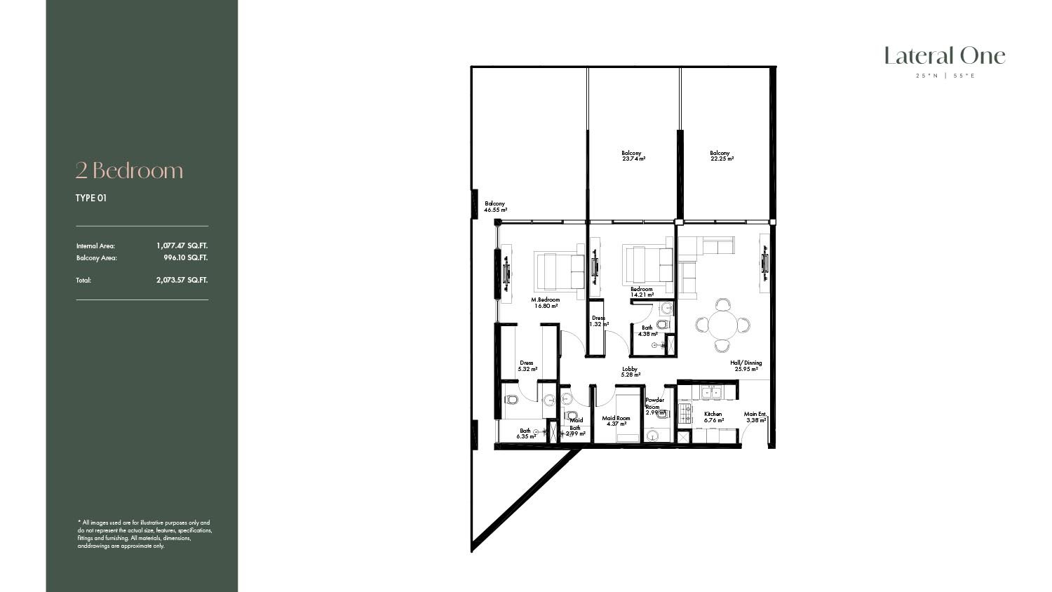 2 Bedrooms + Maid floor plan