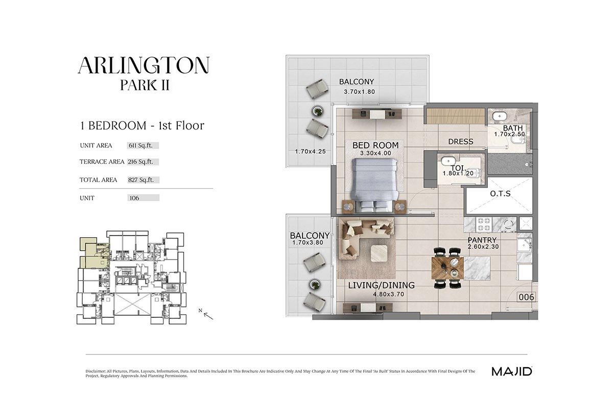 1 Bedroom + Balcony floor plan