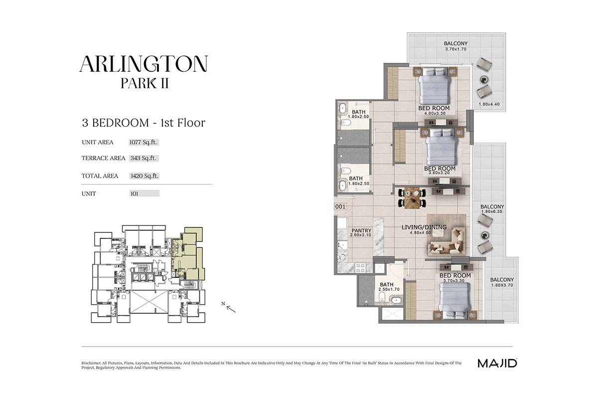 3 Bedrooms + Balcony floor plan