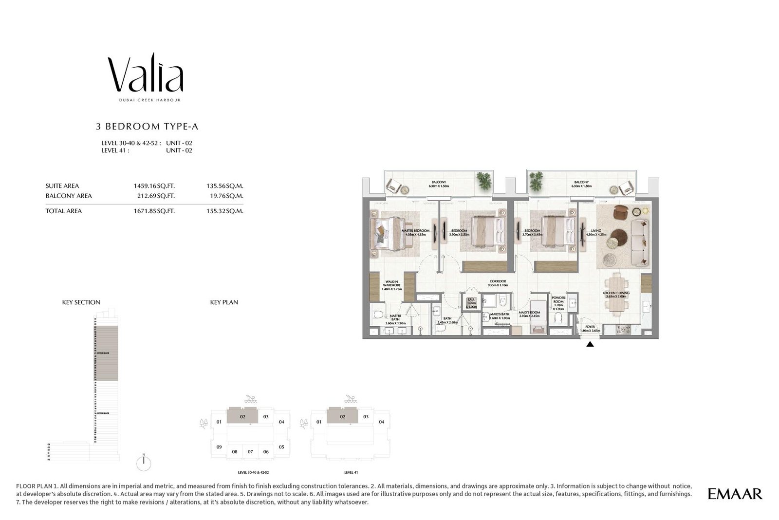Valia Tower at Dubai Creek Harbour 3 Bedrooms + Maid Type-A (Unit 02) floor plan