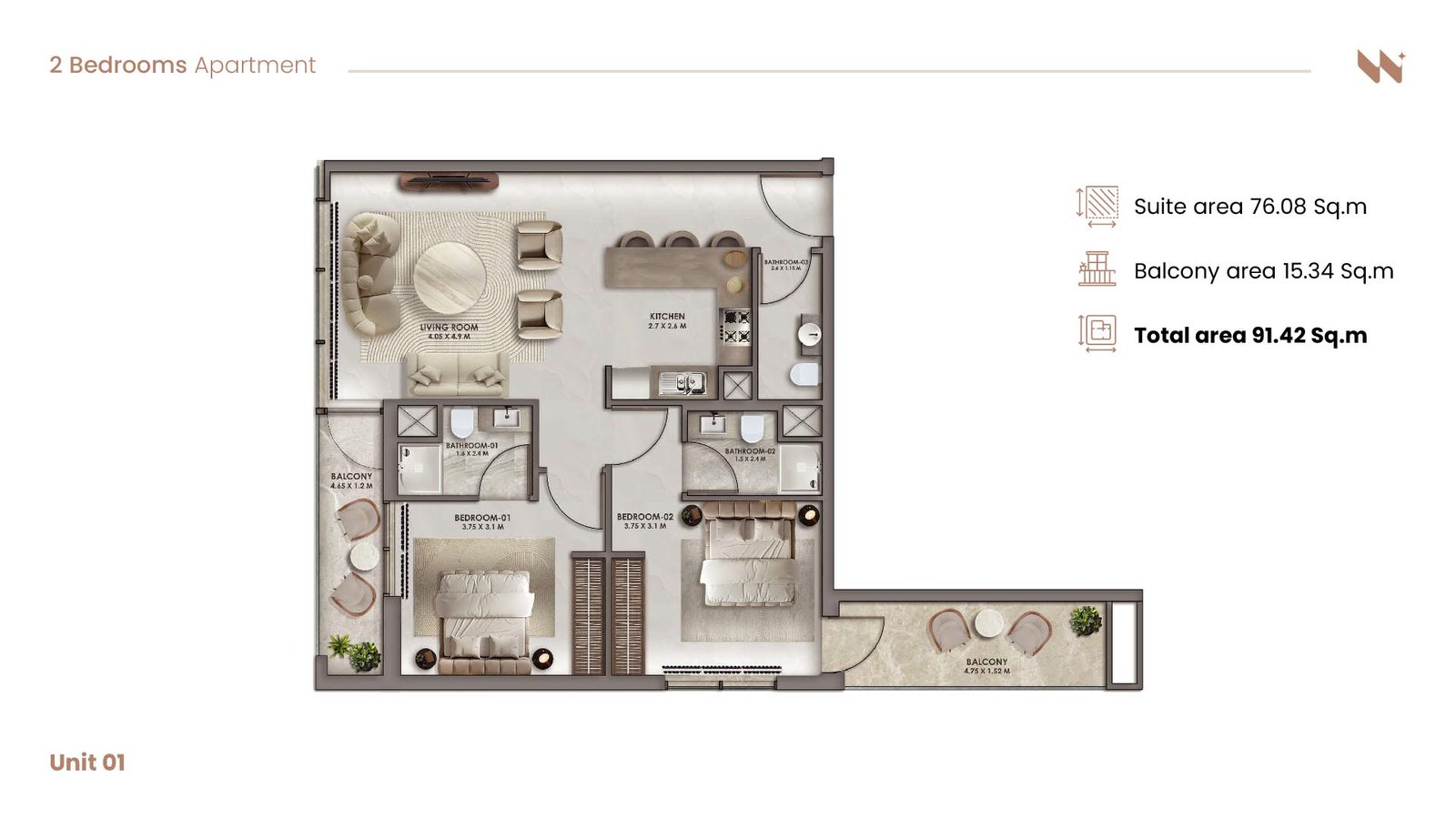 2 Bedrooms floor plan