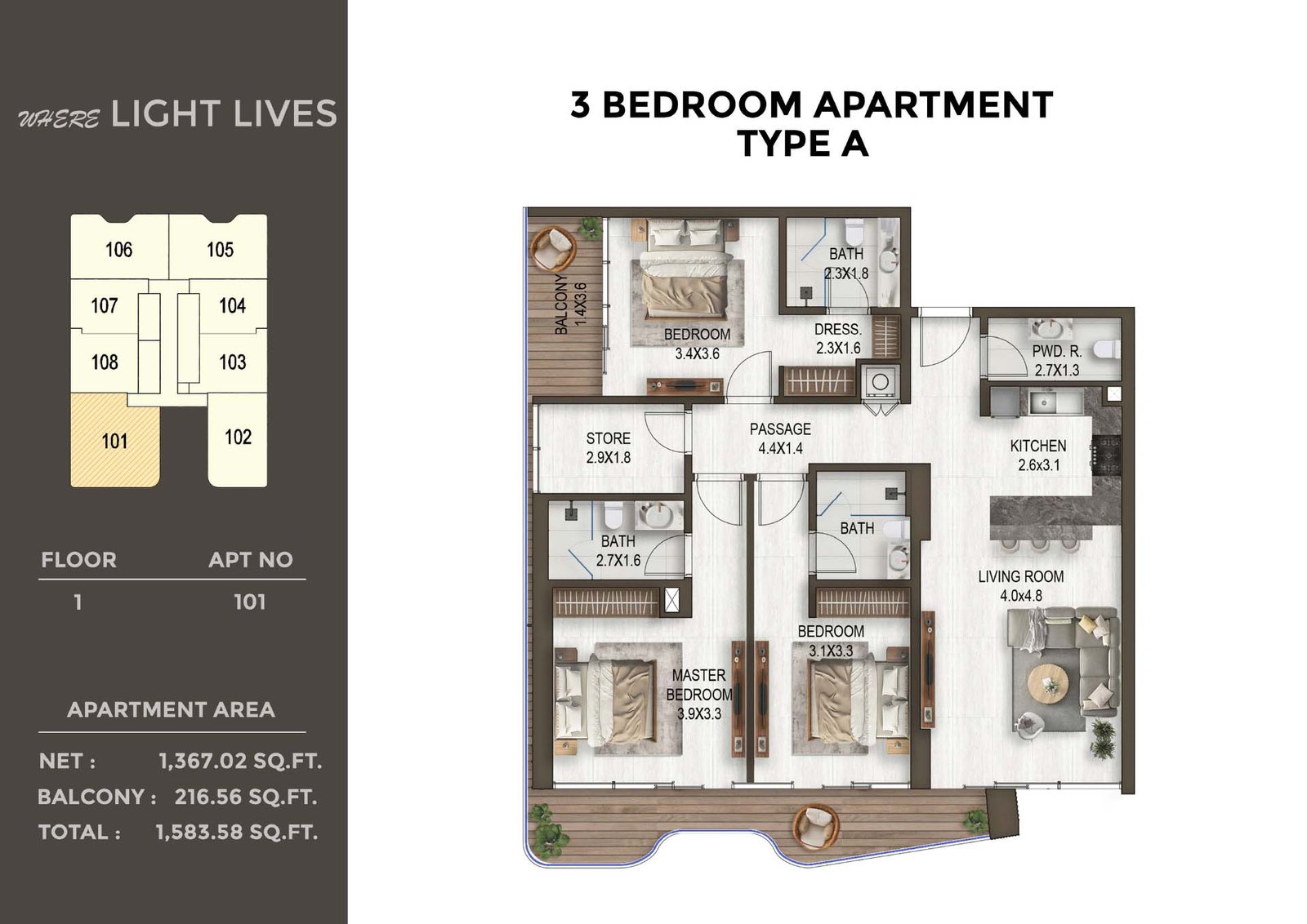 3 Bedrooms floor plan