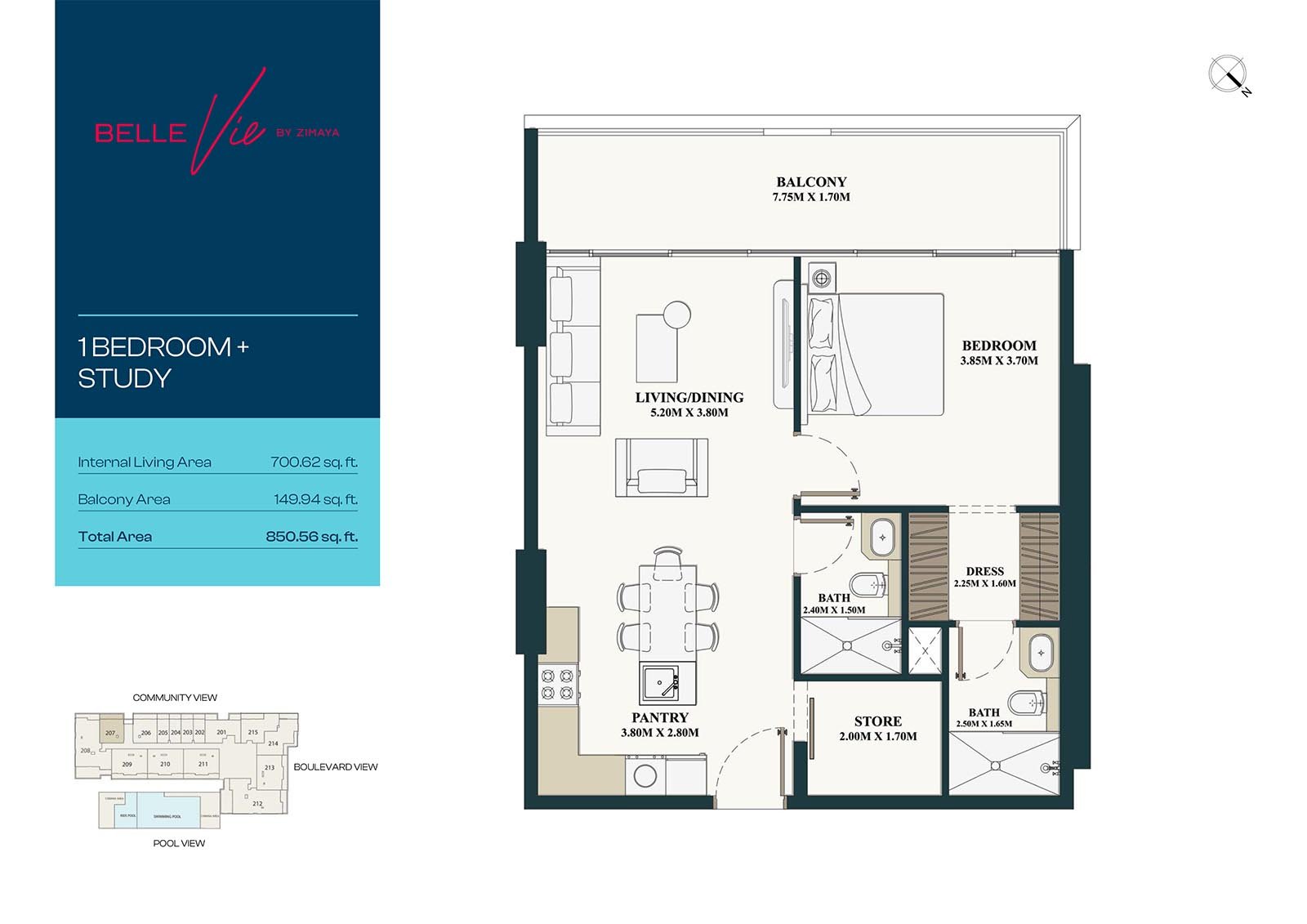 1 Bedroom + Study floor plan