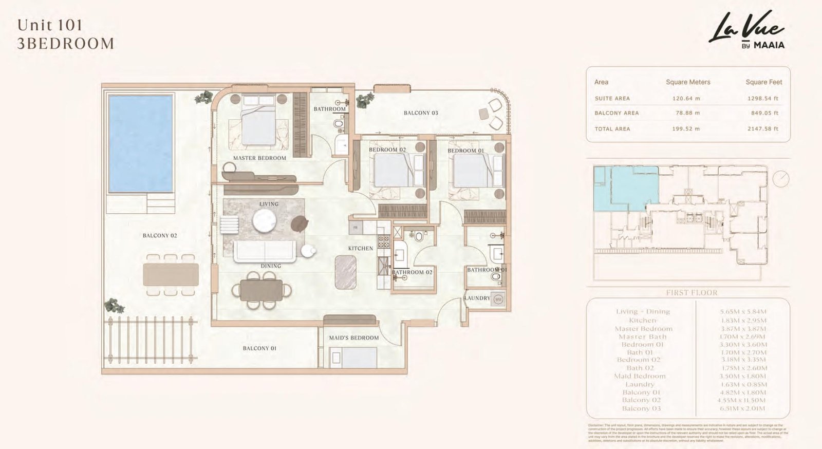 3 Bedroom + Pool + Maid floor plan