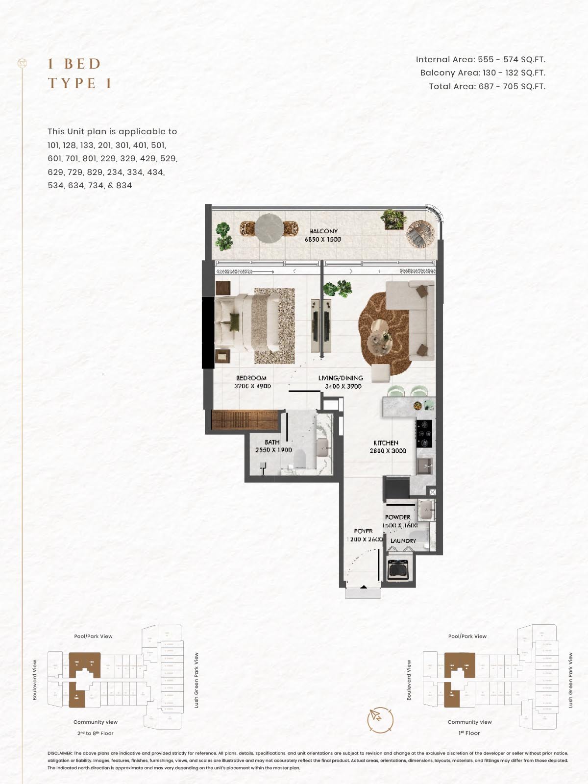 1 Bedroom + Balcony floor plan