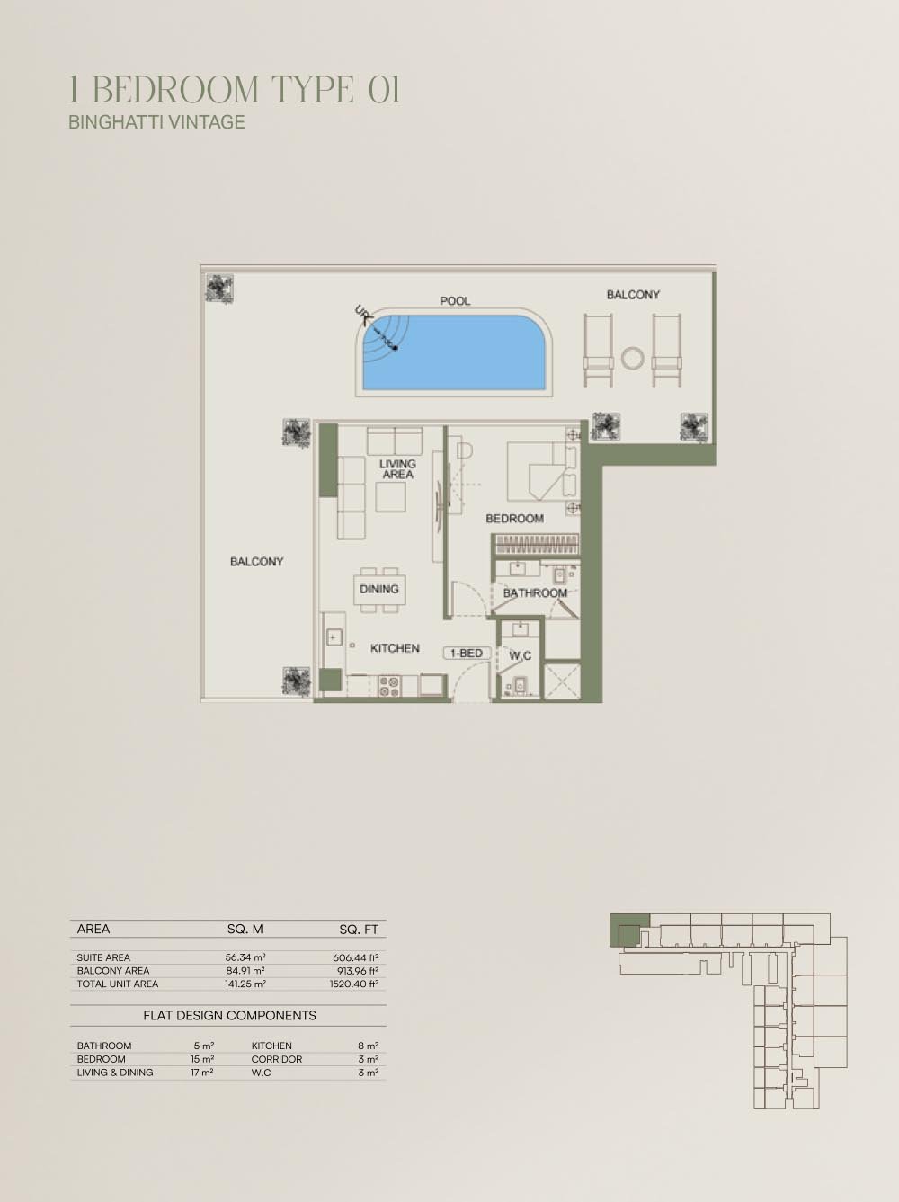 1 Bedroom + Pool floor plan