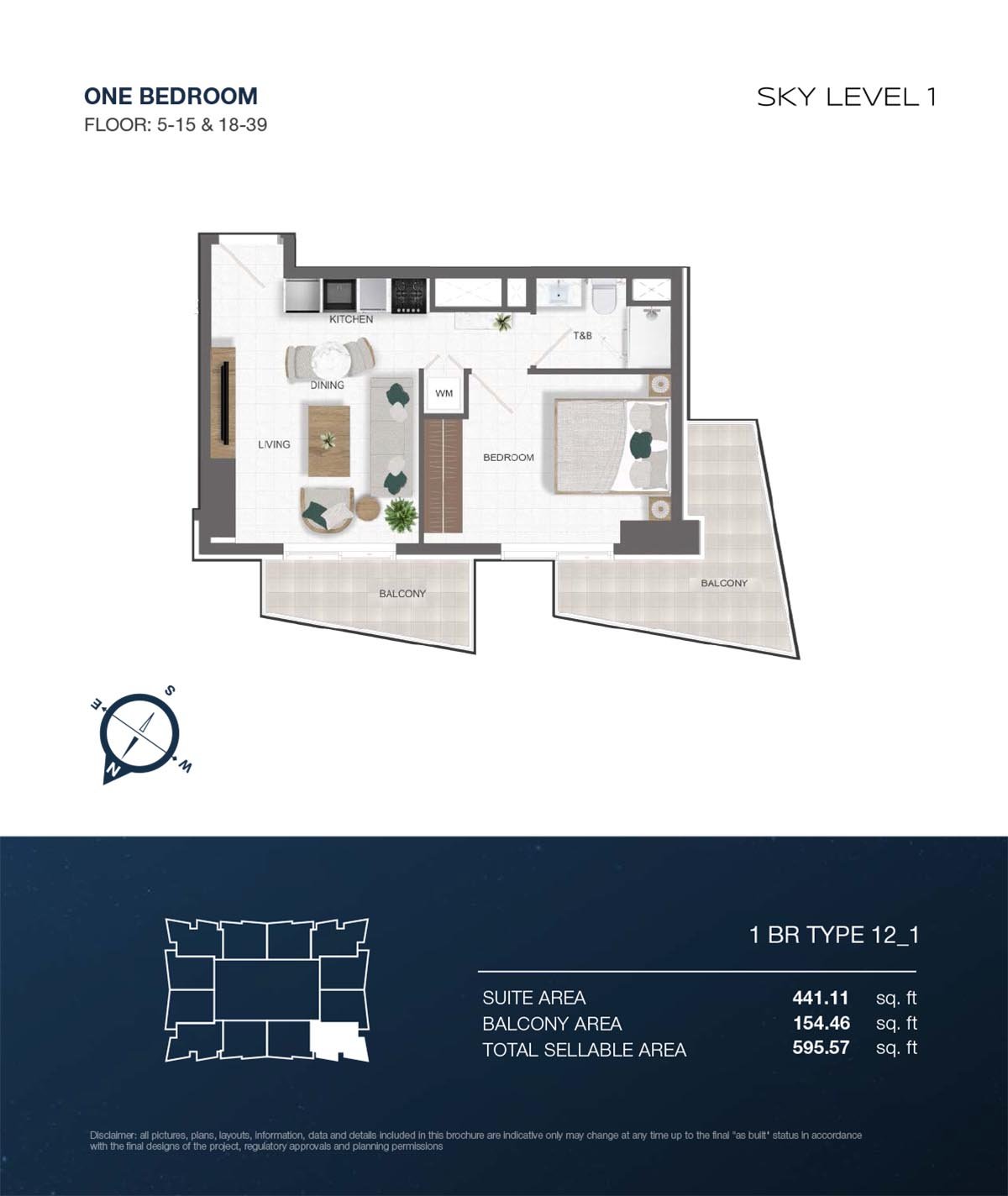 1 Bedroom + Balcony floor plan