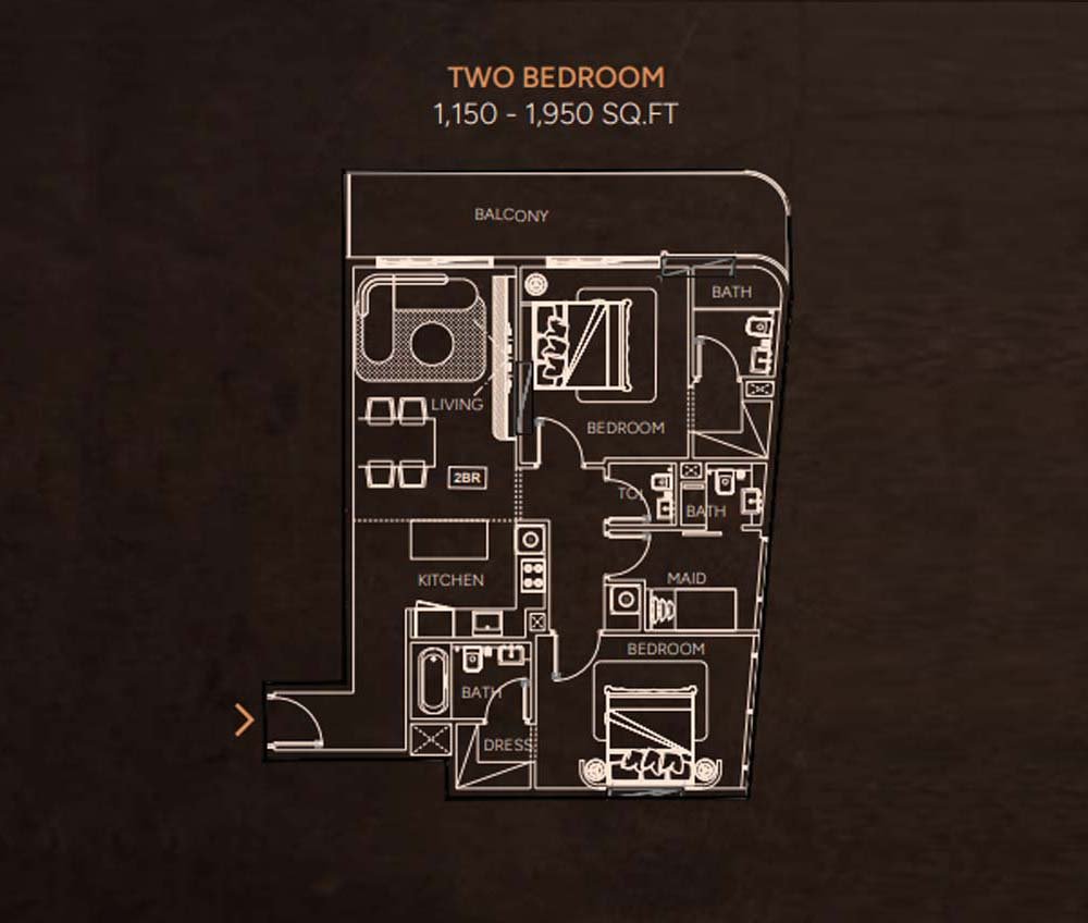 2 Bedrooms + Maid + Balcony floor plan