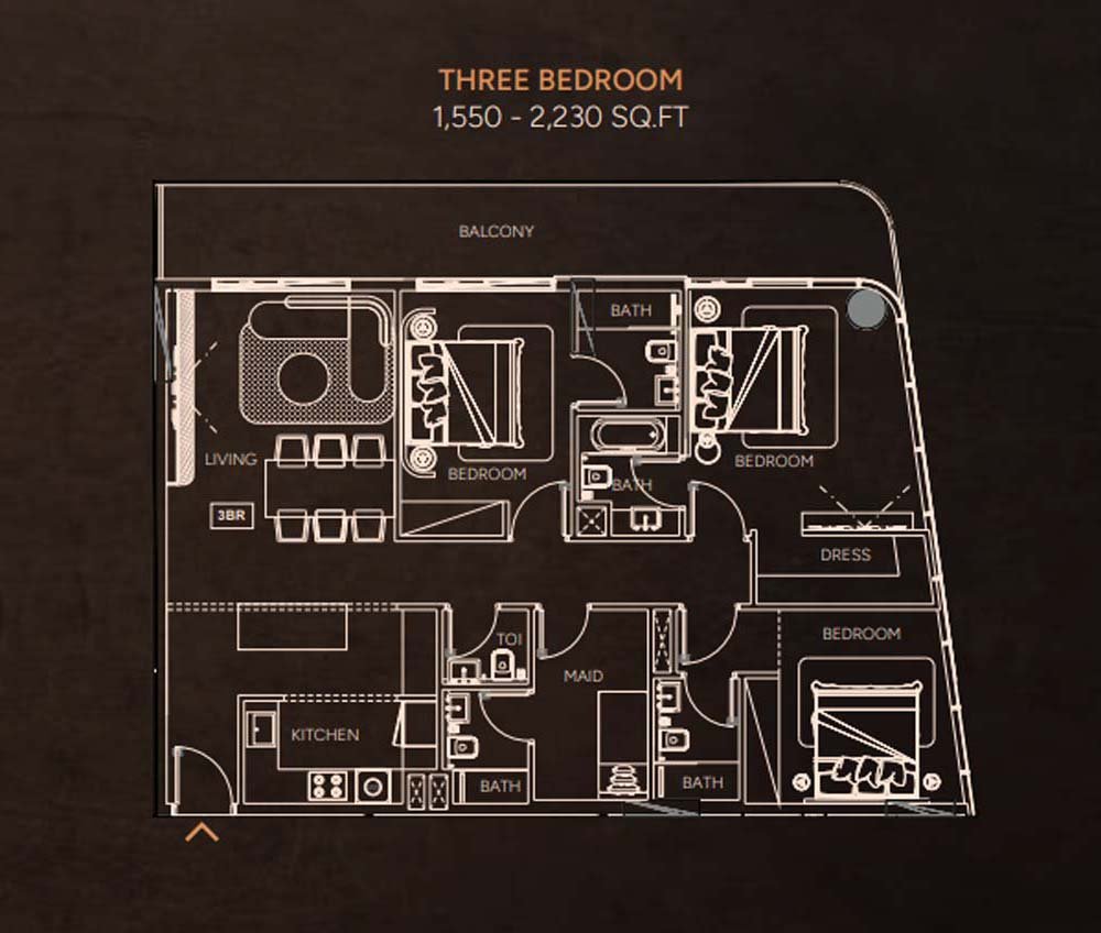 3 Bedrooms + Maid + Balcony floor plan