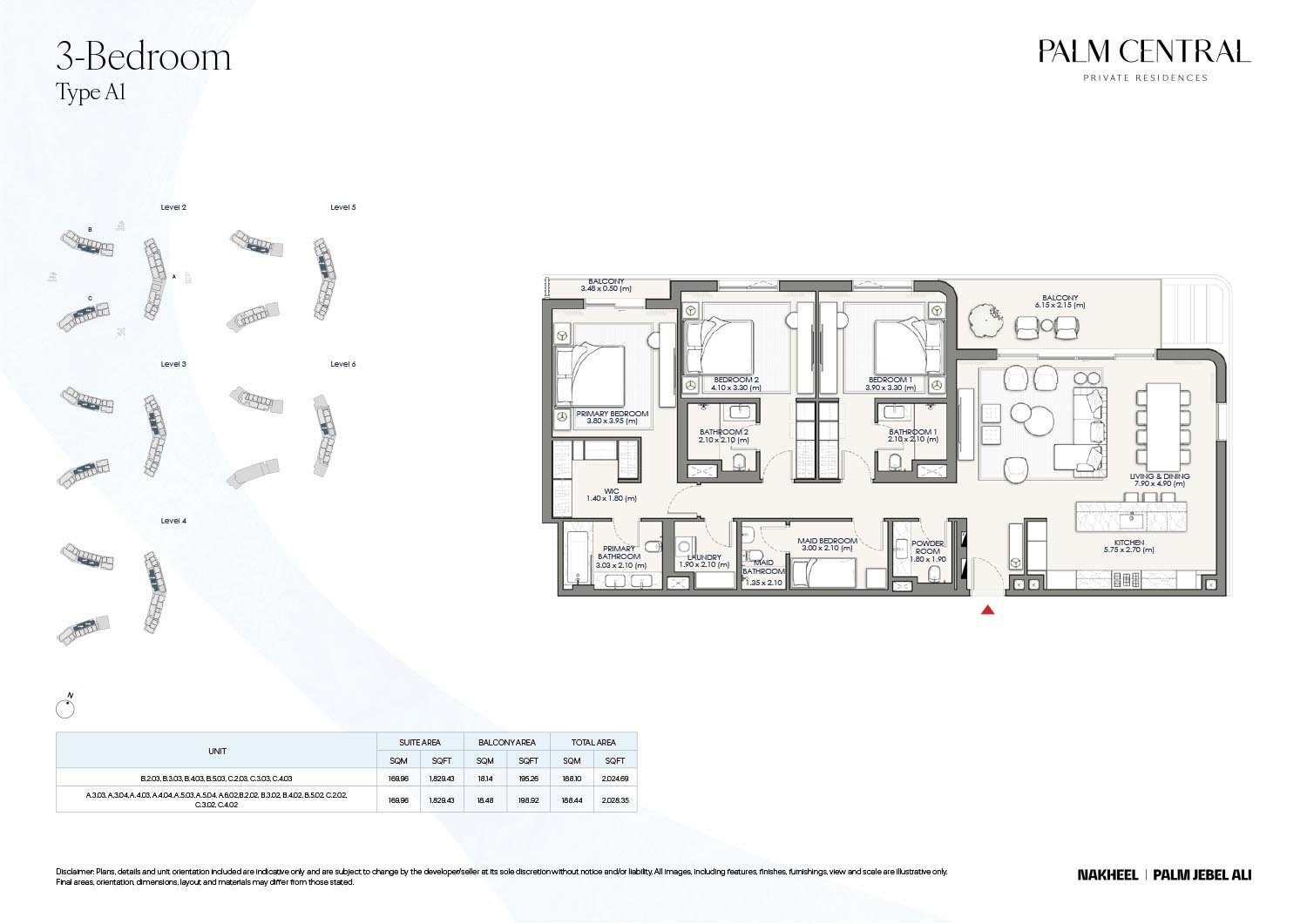 3 Bedrooms + Maid + Balcony floor plan