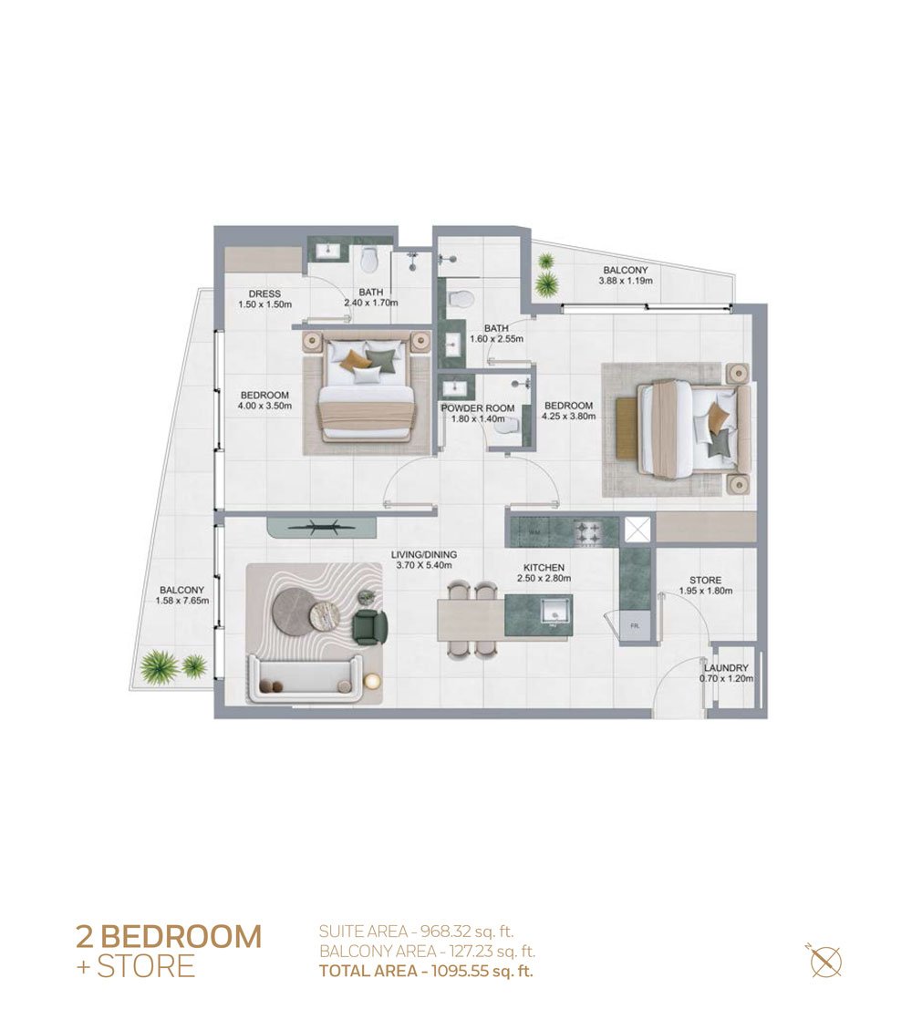 2 Bedrooms + Store Room floor plan