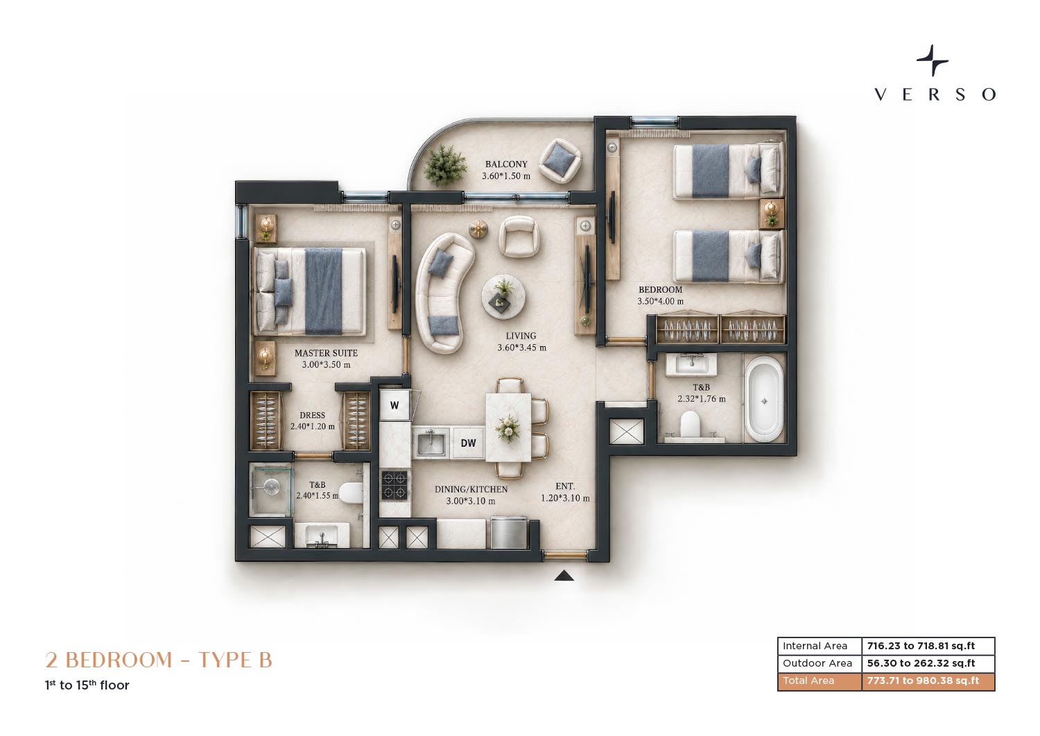2 Bedrooms + Balcony floor plan