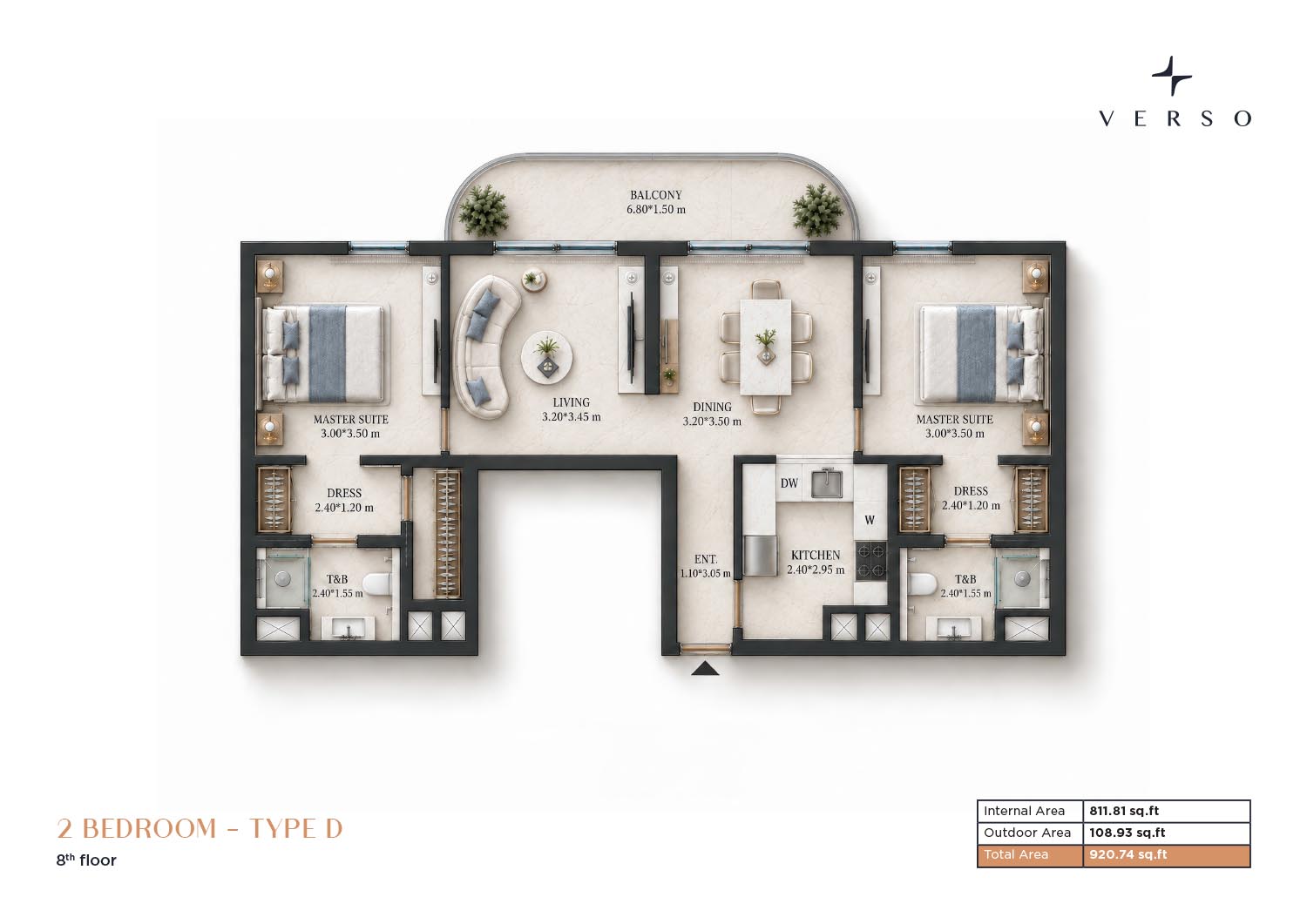 2 Bedrooms + Balcony floor plan