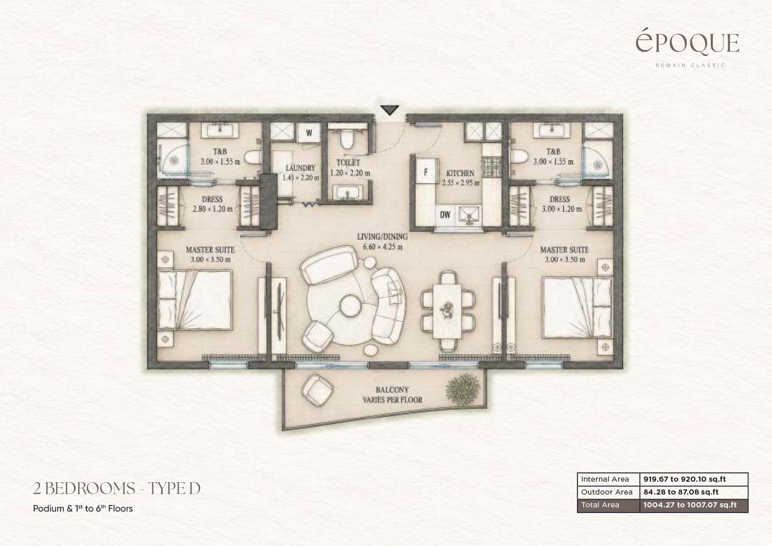 2 Bedrooms + Balcony floor plan