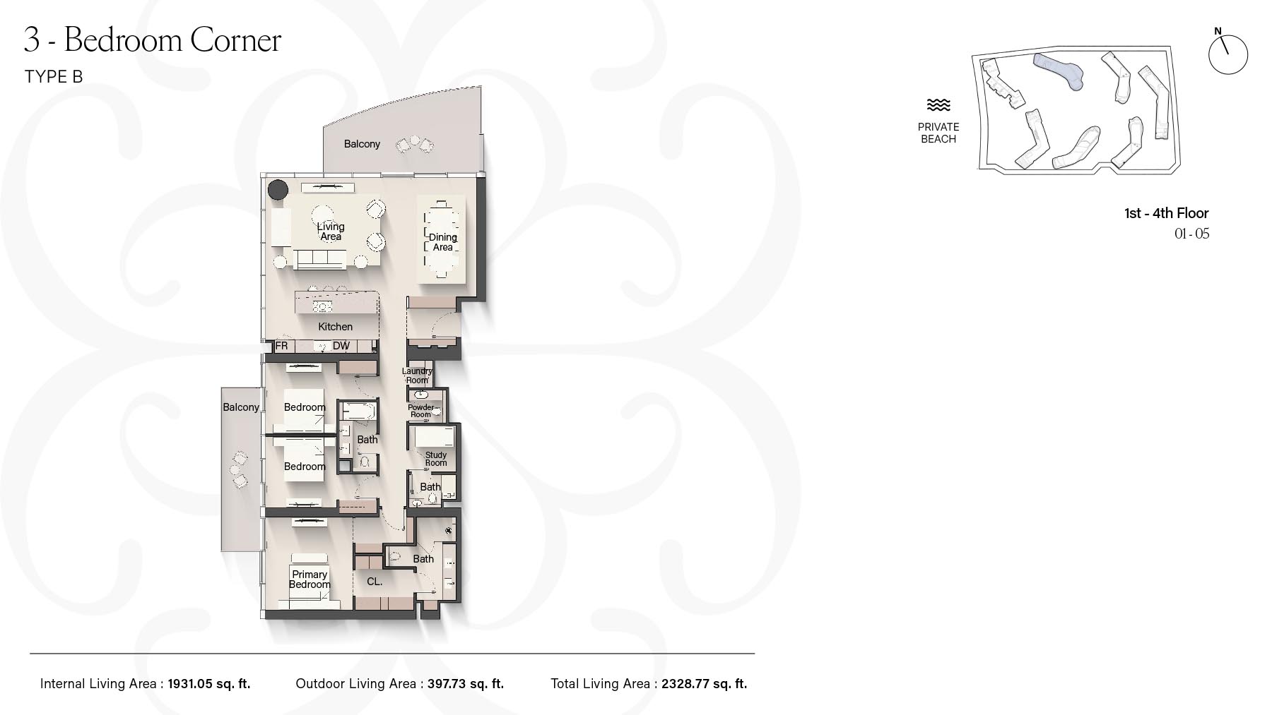 Meriva Shores by Ellington 3 Bedrooms + Study + Balcony Type B (Unit 01 - 05) floor plan