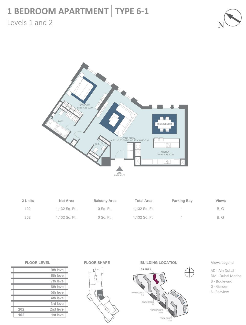 Bluewaters Residences Building 10 1 Bedroom 1 Bedroom  Type 6-1 Level 1-2  Size 1132 sqft floor plan