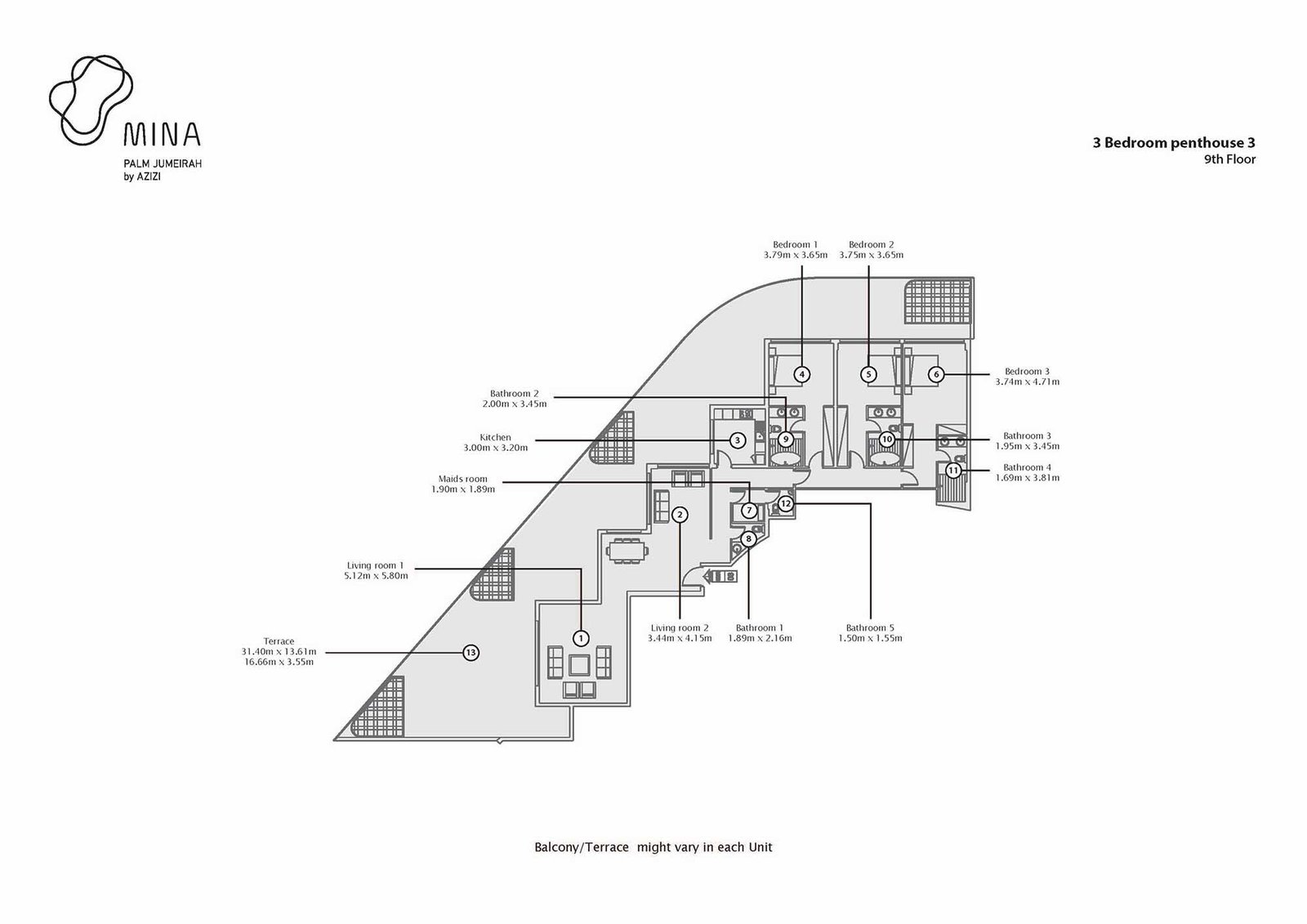 3 Bedrooms + Maid floor plan