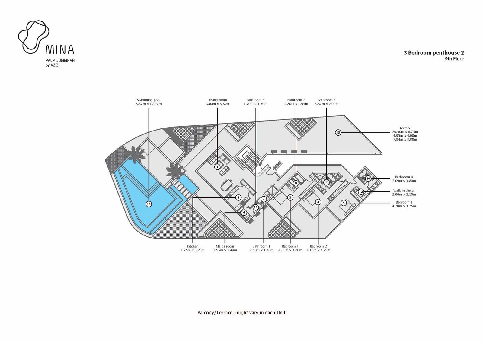 3 Bedroom + Pool + Maid floor plan