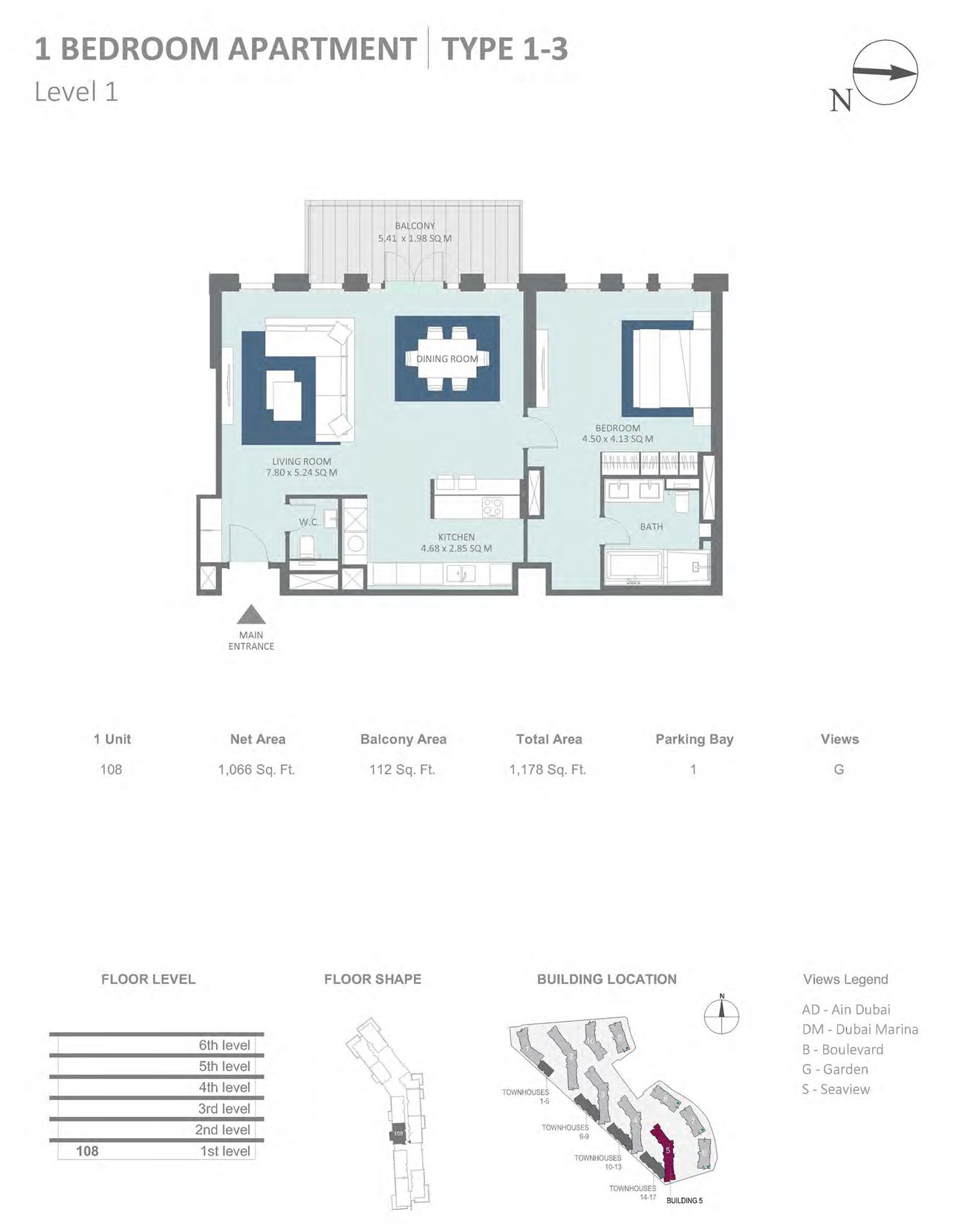 Meraas Bluewaters Building 5 Building 5  1 Bedroom Building 5 - 1 Bedroom Type 1 - 3 Level 1 , Size 1066 sq ft floor plan