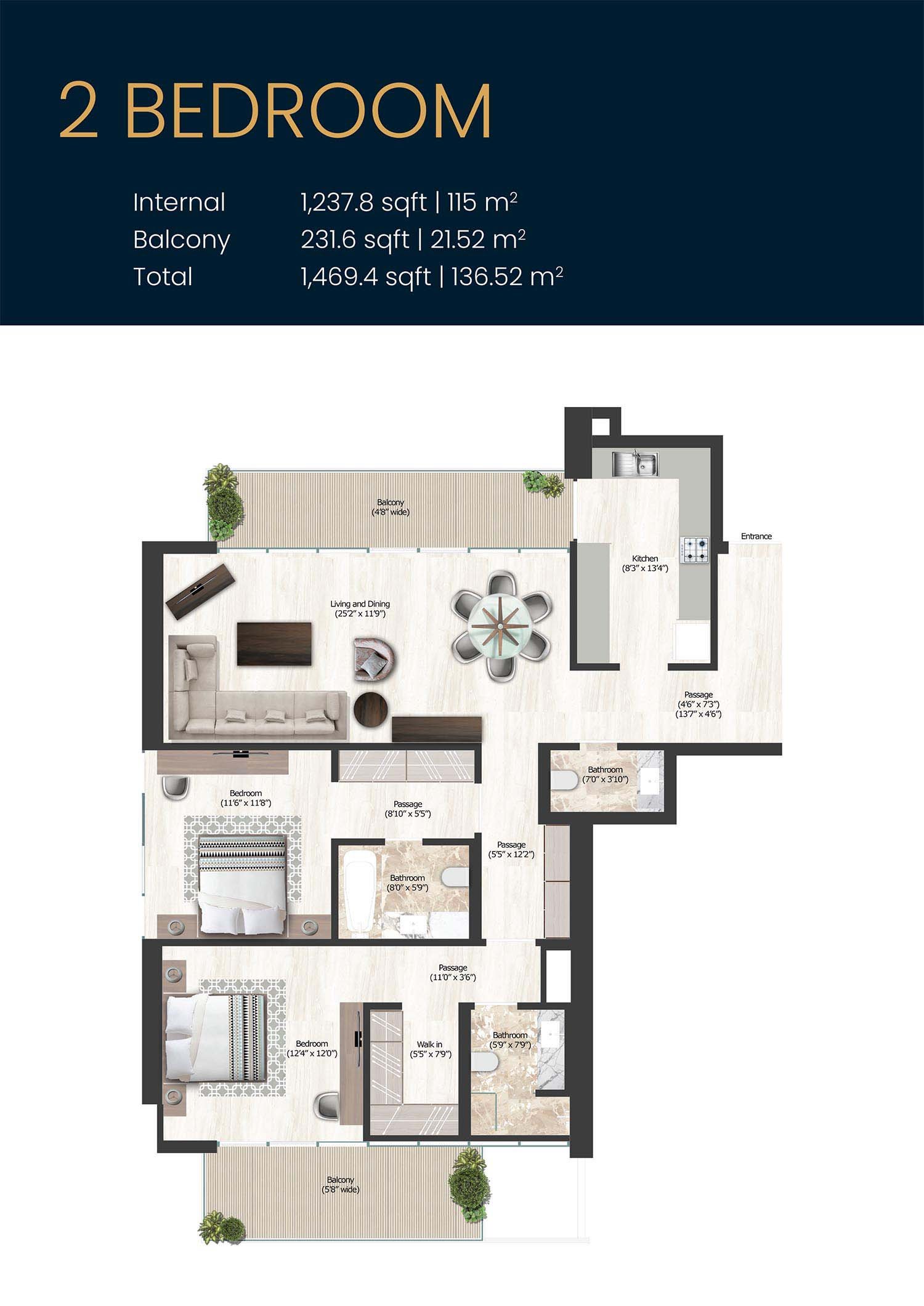 2 Bedrooms floor plan