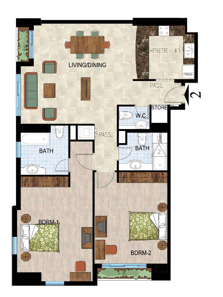 2 Bedrooms floor plan