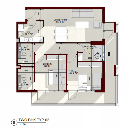 2 Bedrooms floor plan