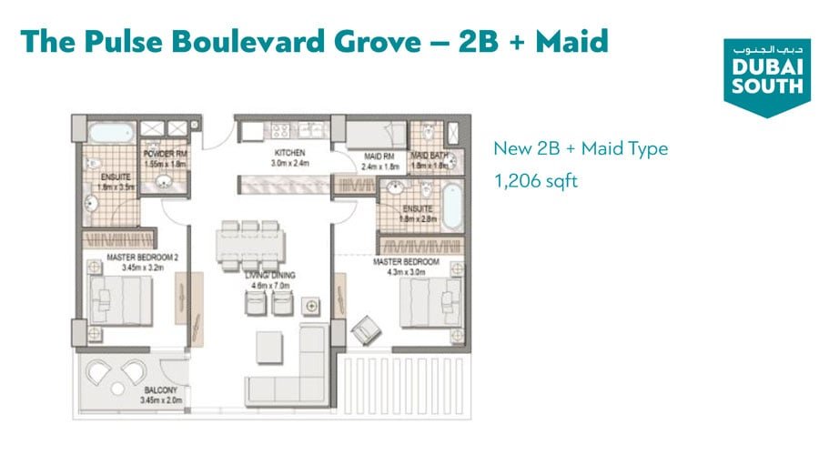 2 Bedrooms + Maid floor plan