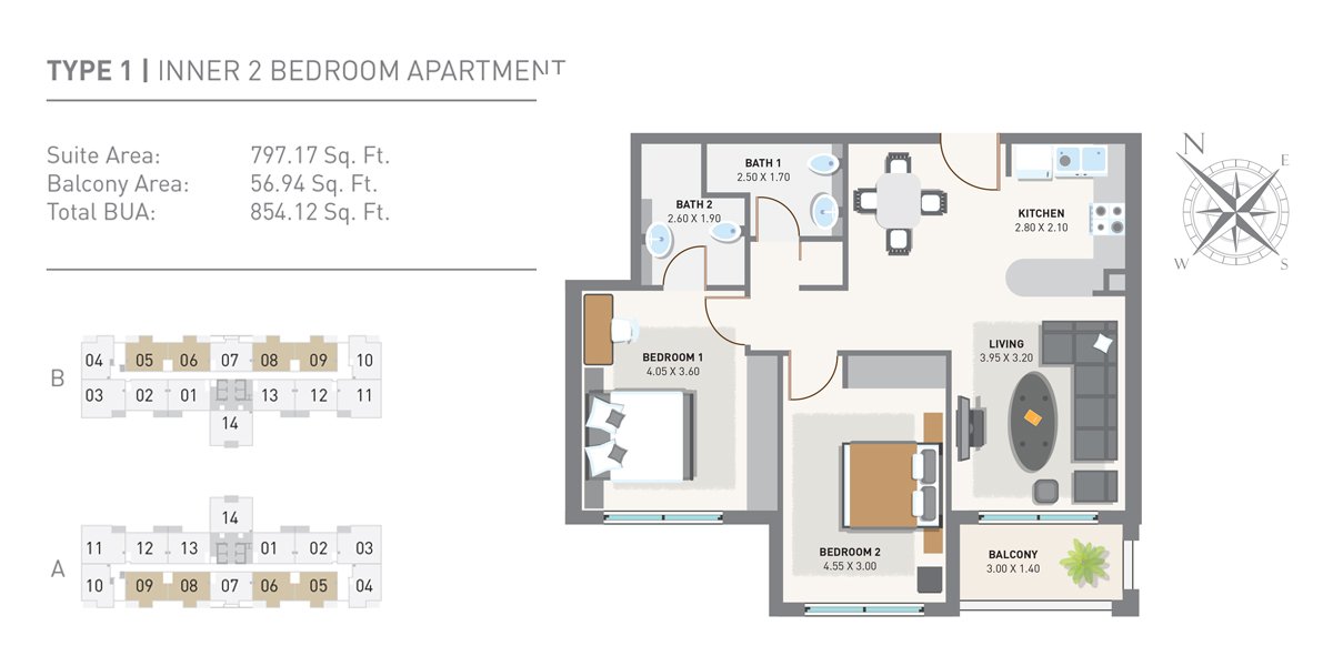 2 Bedrooms floor plan