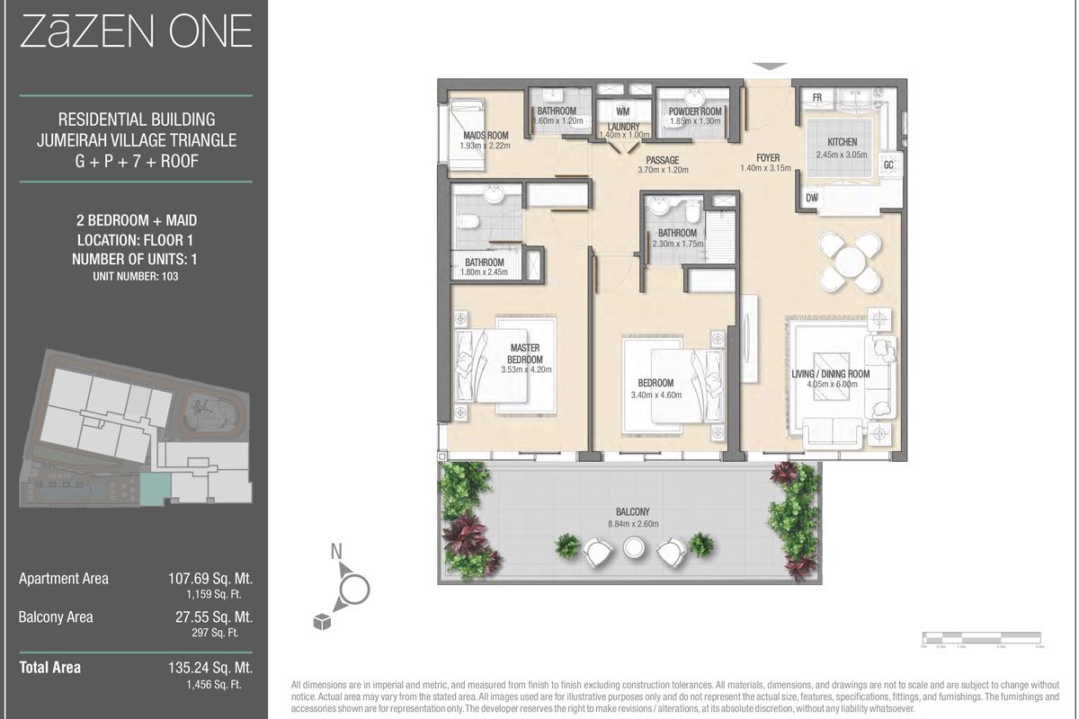 2 Bedrooms + Maid floor plan